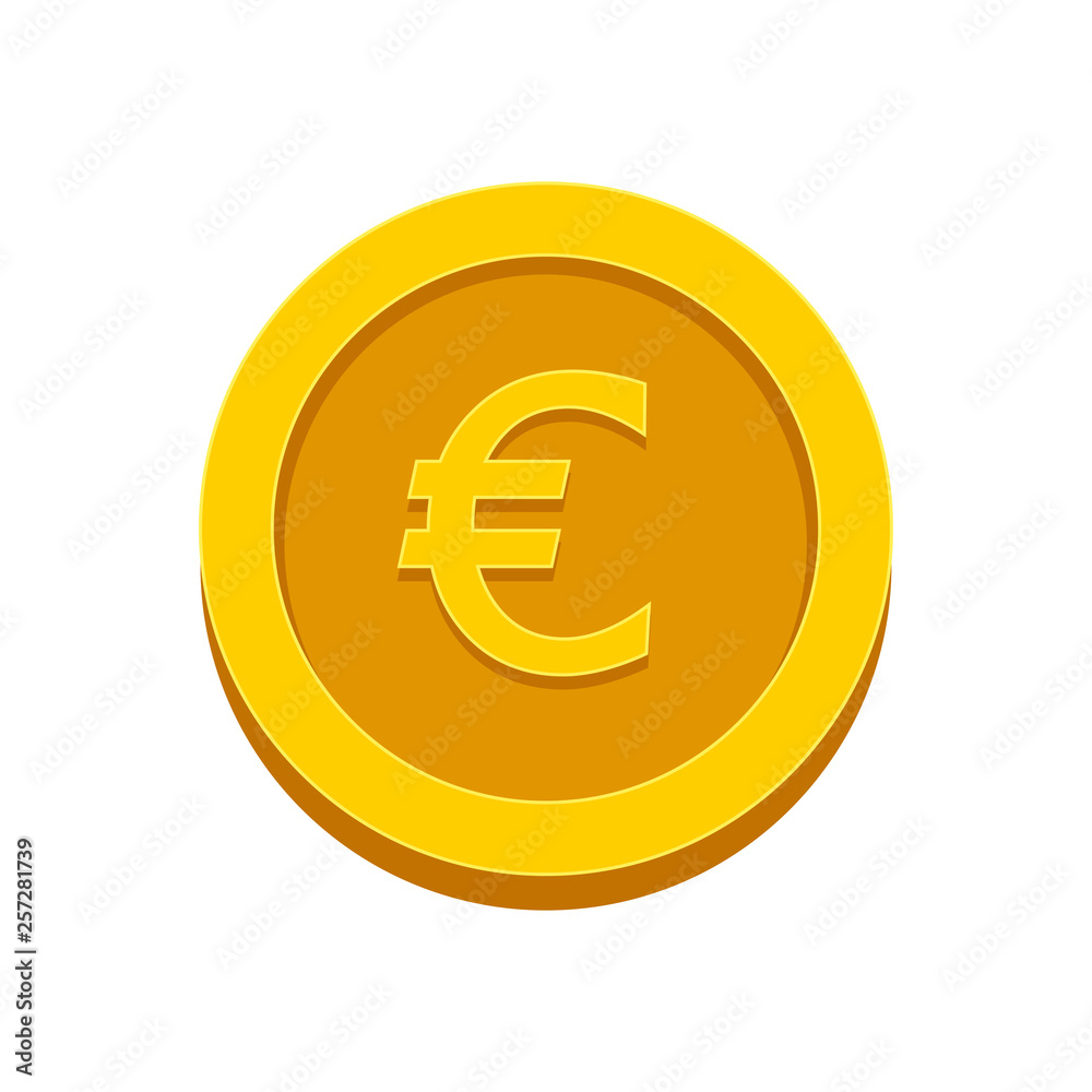 Obraz premium Gold coin euro isolated on white background. Money, currency icon. Cash symbol. Business, economy concept. Vector flat illustration