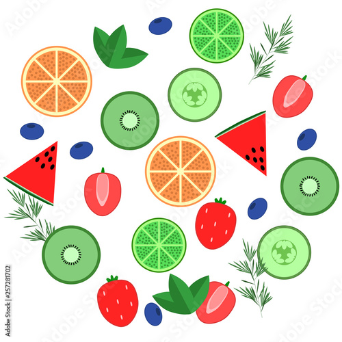 Set of fruits isolated on white background. Blueberry  orange  lime  mint  kiwi  strawberry  rosemary  cucumber  watermelon. Vegan  organic healthy food. Diet concept. Vector flat illustration.