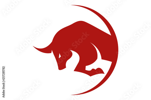 Traditional Red Spanish bull silhouette in the circle. Corrida symbol