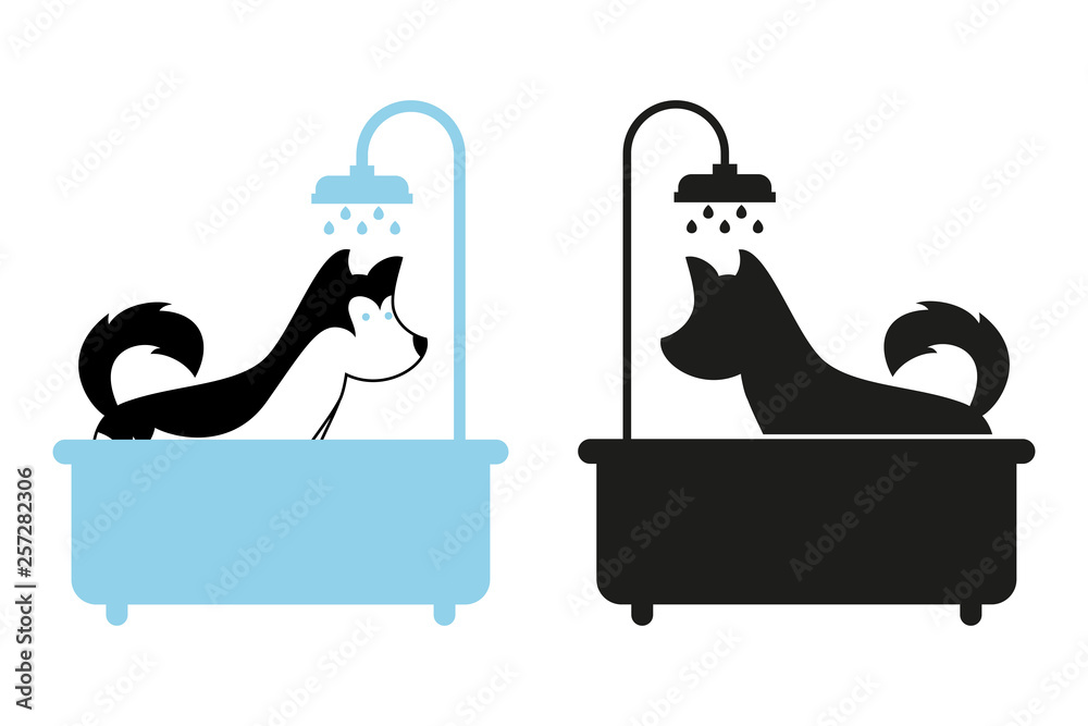 Dog taking a shower in the bath. Dog vector silhouette. Dog under the