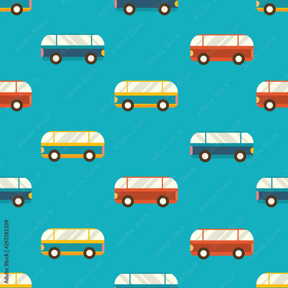 Vector Illustration. Seamles Pattern with Colorful Buses.