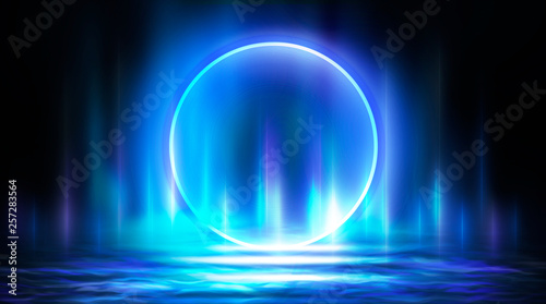 Wallpaper Mural Neon circle, neon lights. Neon circle with the center of a dark empty scene with spotlights. Abstract light. Night view. Torontodigital.ca