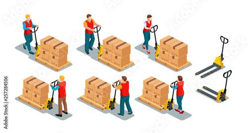 Men and women workers wearing work red uniform vest with manual pallet jack. Back and front view. 3d effect set. Isometric vector illustration isolated on white background.
