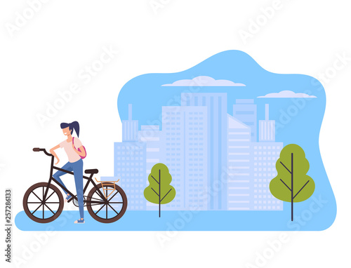 Sport woman character riding bicycle in green public park. Healthy lifestyle concept. Vector flat graphic design cartoon isolated illustration
