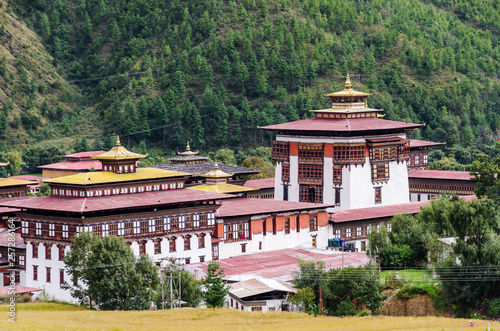 Tashichho Dzong, also known as the Dzong of Thimphu, in Thimphu the capital of Bhutan. Dzongs are fortress like buildings which house a monastery and governmental office rooms.