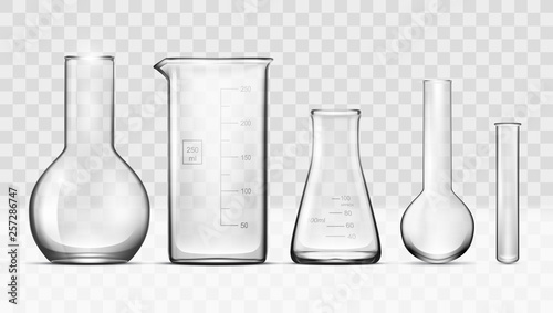 Realistic Glass Laboratory Equipment Set. Flasks, Beakers