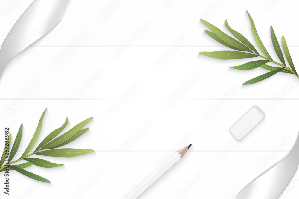 Flat lay top view elegant white composition silver ribbon pencil eraser tarragon leaf on wooden floor background