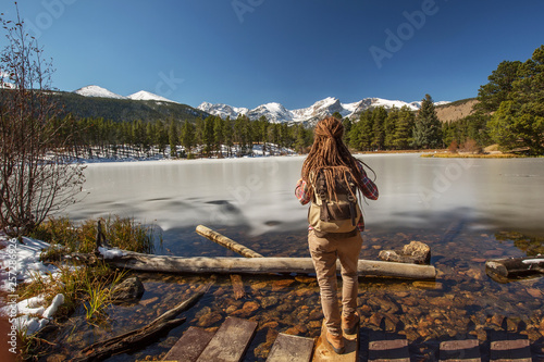 Hiker in Rocky mountains National park in USA