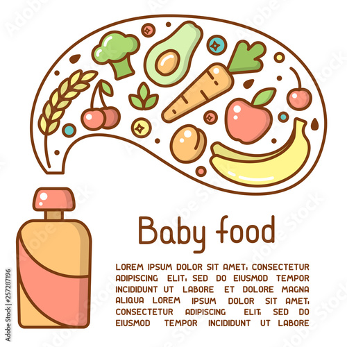 Baby food poster concept with meal elements and sample text. Flat style vector illustration. Suitable for advertising