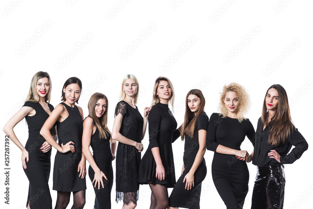 Group of young beautiful women in black dress isolated on white background.