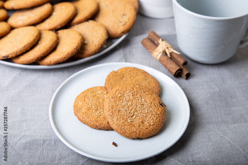 Oatmeal cookies with raisins. Homemade baking. Selective focus, close-up. Oatmeal cookies with raisins. Homemade baking. Selective focus, close-up.