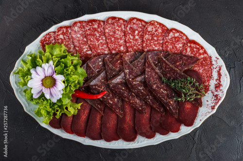 Basturma meat appetizer, sudzhuk and smoked sausage salami