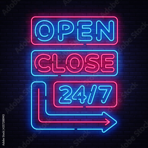 Open Close neon signs vector. Neon Signboards Design template, light banner, night signboard, nightly bright advertising, light inscription. Vector illustration