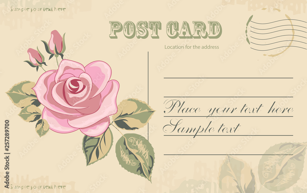 Vintage postal card with roses flowers. Template. Vector image.