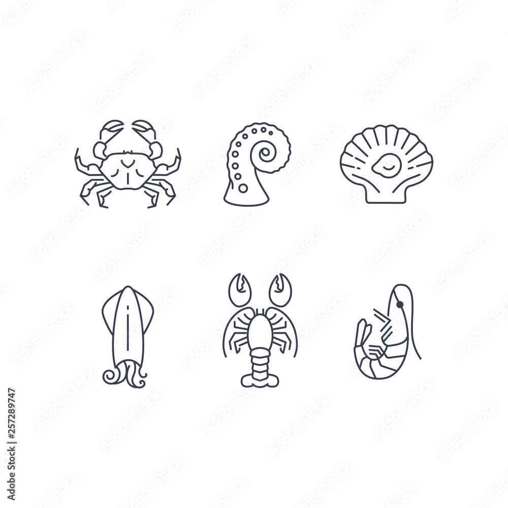 Simple sea animals icon set, vector seafood Simple sea animals icon set, vector seafood
