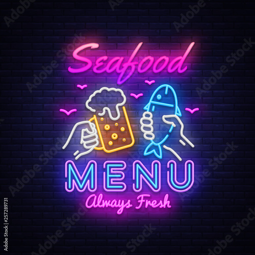 Seafood Menu Neon Design Vector. Seafood Menu neon sign, design template, modern trend design, night signboard, night bright advertising, light banner, light art. Vector illustration