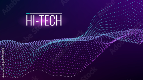 Cyber technological background. Nanotechnology. Scientific hi-tech backdrop for user interface. Wavy structure from particles. Big data, artificial intelligence, music hud. Blockchain and cryptocurren