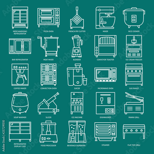 Commercial kitchen equipment icon set in line style