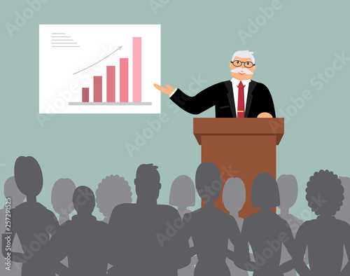 Smiling elderly speaker stands behind the brown wooden lectern and carries out the report before the audience, makes analysis of the chart of growth. Blue background. Vector illustration