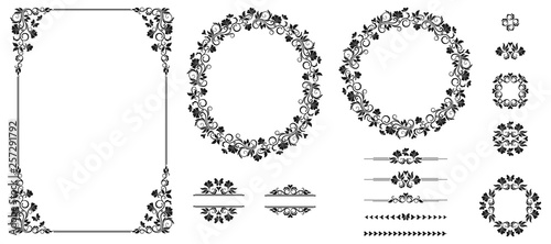 Vector set of graphic elements for design. Floral elements for design of invitations, frames, menus, monograms, labels, websites.