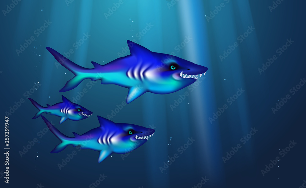 Wild predator sharks blue background small flock fish. Cartoon funny cant marine life optimized from banner design, this a happy cartoon characters. Illustration vector. Toothy, hungry and angry