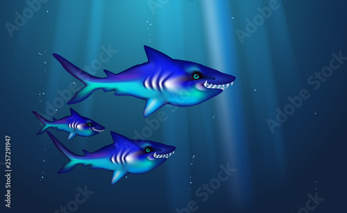 Wild predator sharks blue background small flock fish. Cartoon funny cant marine life optimized from banner design  this a happy cartoon characters. Illustration vector. Toothy  hungry and angry