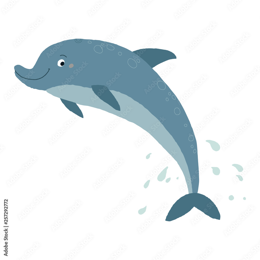 Fototapeta premium Vector illustration of a funny dolphin jumping fun. Cartoon vector hand drawn eps 10 illustration isolated on white background in a flat style.