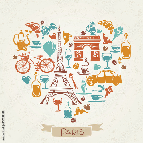 Vector I love Paris design with symbols of French culture. 