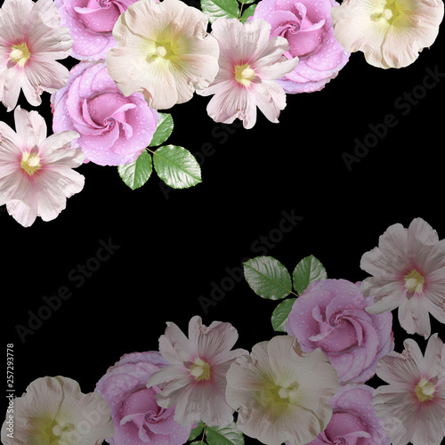 Fototapeta Naklejka Na Ścianę i Meble -  Beautiful floral background of lilac roses and mallow. Isolated