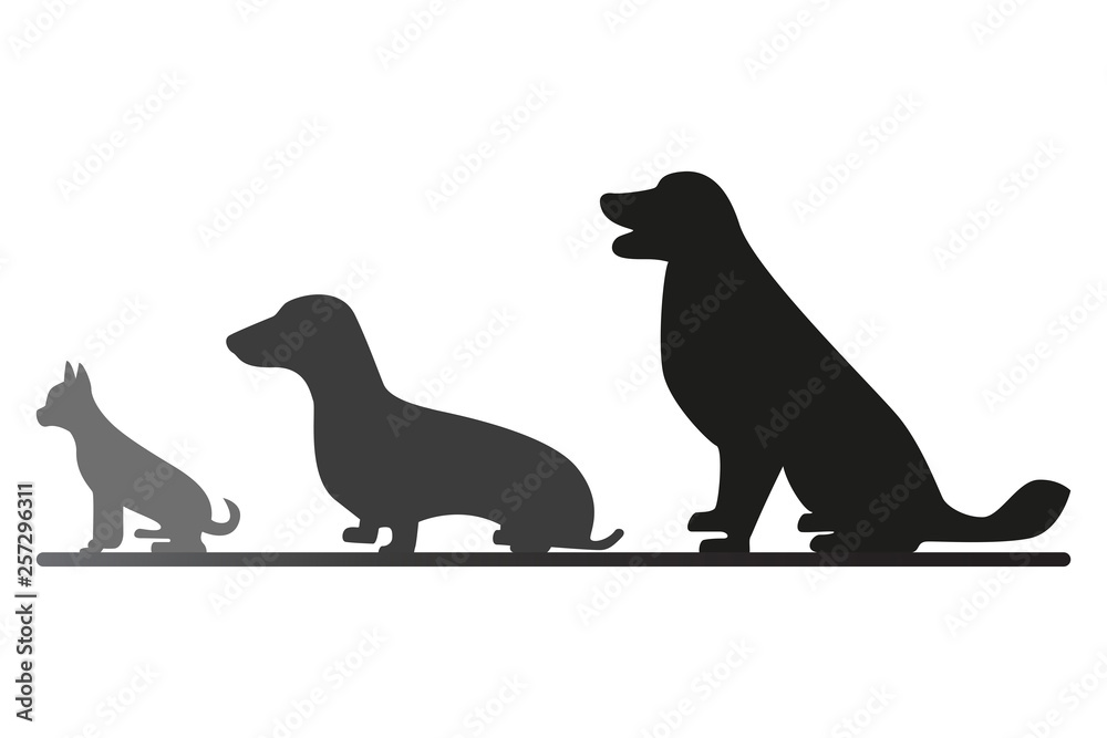 Three sitting dogs behind each other. Black and gray dogs vector silhouettes. Illustration of domestic animals looking to the left. 