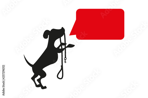 Black dog vector silhouette standing on the hind legs with a black leash in the mouth. Red square label near the dog silhouette. Illustration with red and black colors mix.