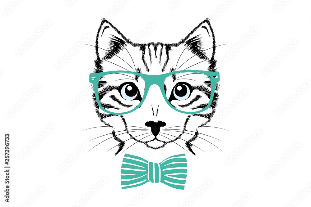 Sketch cat's face with blue eyes. Cat's head with green glasses and cute tie. Domestic animal vector portrait. Education or business logo. Sketch cat's face with blue eyes. Cat's head with green glasses and cute tie. Domestic animal vector portrait. Education or business logo.