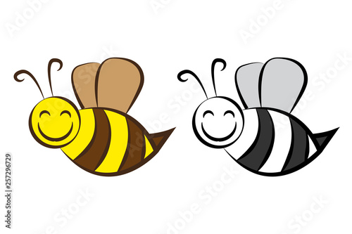 Hand drawn cartoon bee in different colors. Isolated comic vector bee. Flying bee in black, white and yellow colors. Smilling bee character.