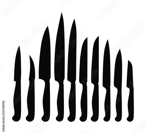Kitchen knives set vector silhouette illustration. Kitchen knife vector isolated on white background. Major tool for cooking in home or restaurant.