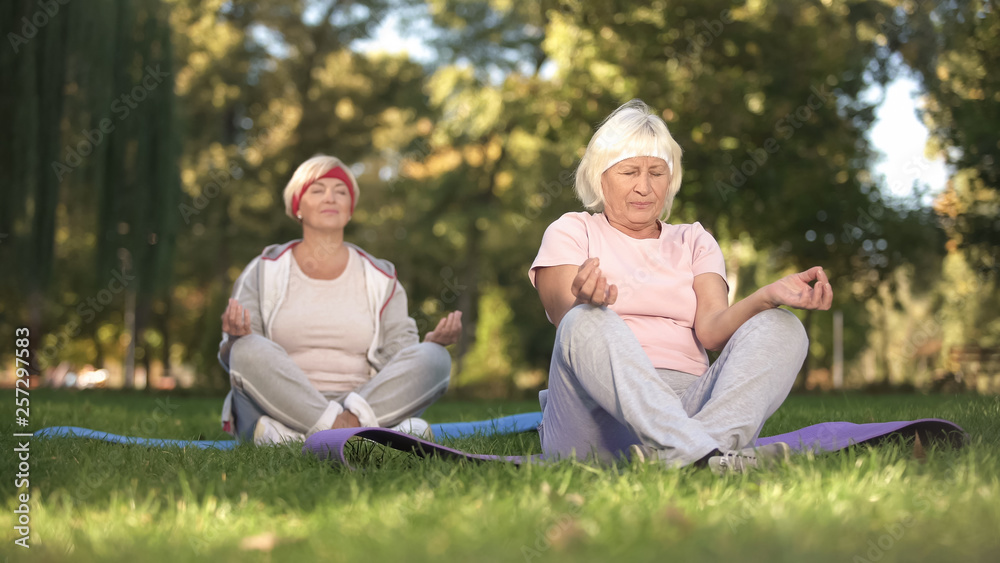 Elder women sitting in lotus position and meditating doing yoga in park, energy Elder women sitting in lotus position and meditating doing yoga in park, energy
