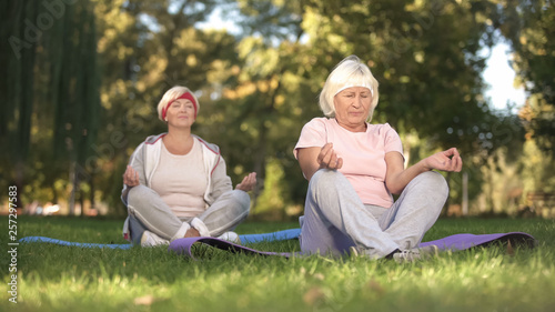 Elder women sitting in lotus position and meditating doing yoga in park, energy