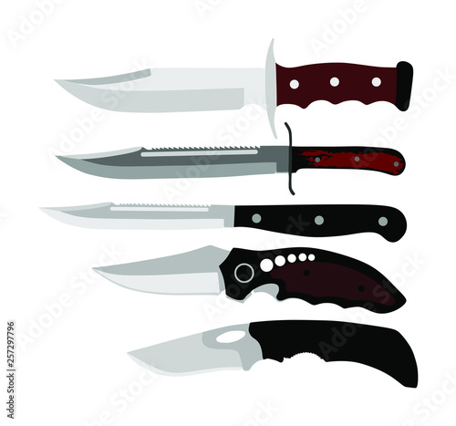 Hunting knives vector collection. Military knife vector illustration isolated on white background. Slice symbol. Aggressive survivor tool. Dirk sign. Bayonet vector. Kitchen tool. Cooking equipment.