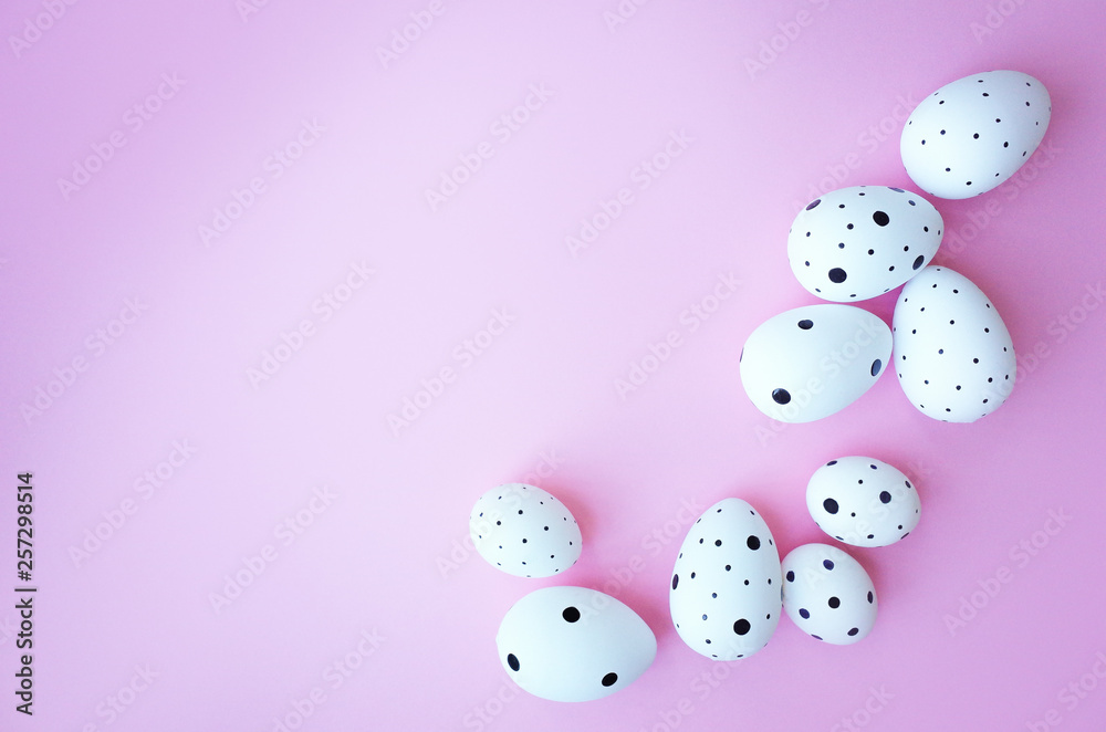 Background with easter eggs with copy space for text. isolated on pink background. Flat lay, top view. Easter concept Background with easter eggs with copy space for text. isolated on pink background. Flat lay, top view. Easter concept