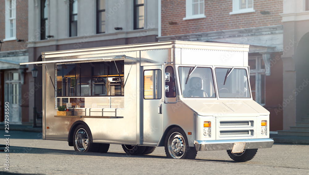 White food truck with detailed interior on street. Takeaway. 3d rendering.
