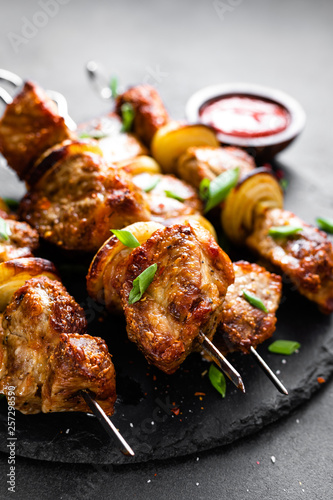 Konstfotografi Grilled meat skewers, shish kebab on black background