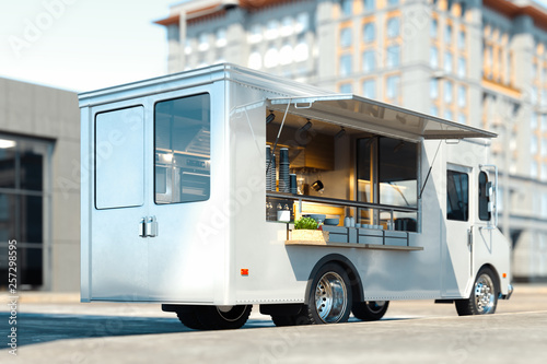 White food truck with detailed interior on street. Takeaway. 3d rendering. photo