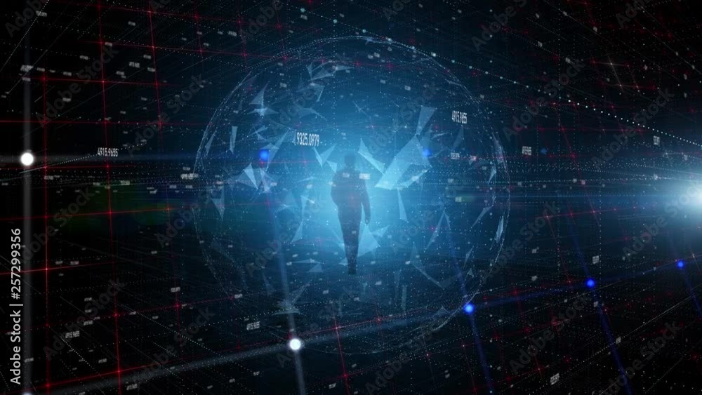 Businessman walks alone in digital computer cyberspace. Businessman walks alone in digital computer cyberspace.