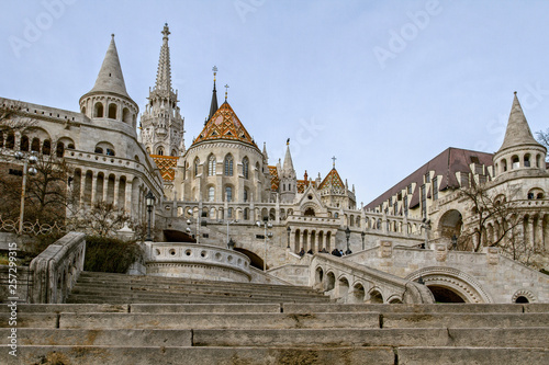 View on the Fisherman's Bastion in Budapest. Hungarian landmarks. The Fisherman's Bastion, one of the famous destinations in Hungary. Budapest. European travel.