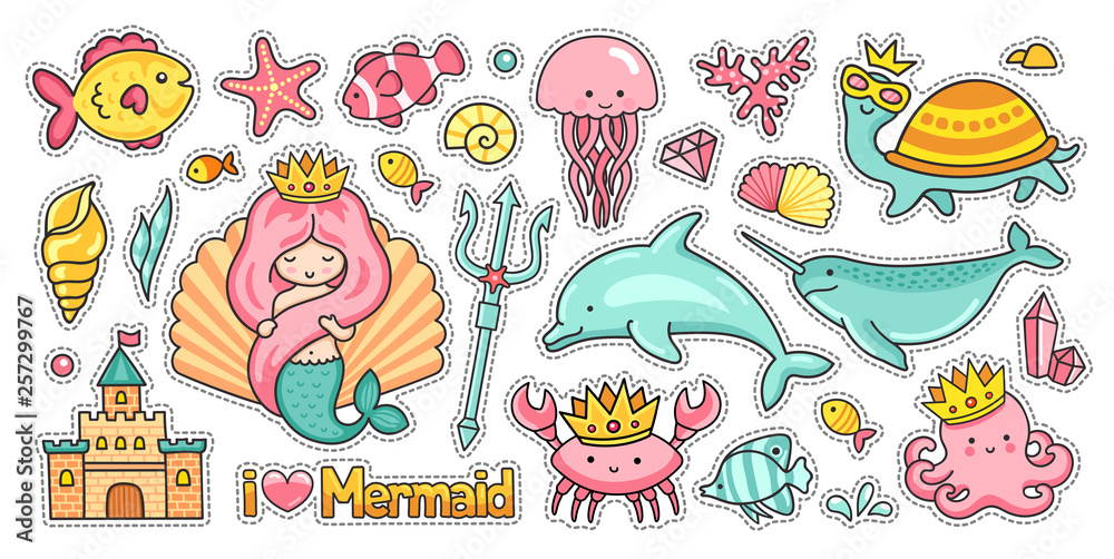 Fototapeta premium Mermaid, castle, dolphin and narwhal. Octopus, jellyfish and turtle. Set of funny sea animals. Stickers, patches, badges and pins. Vector illustration