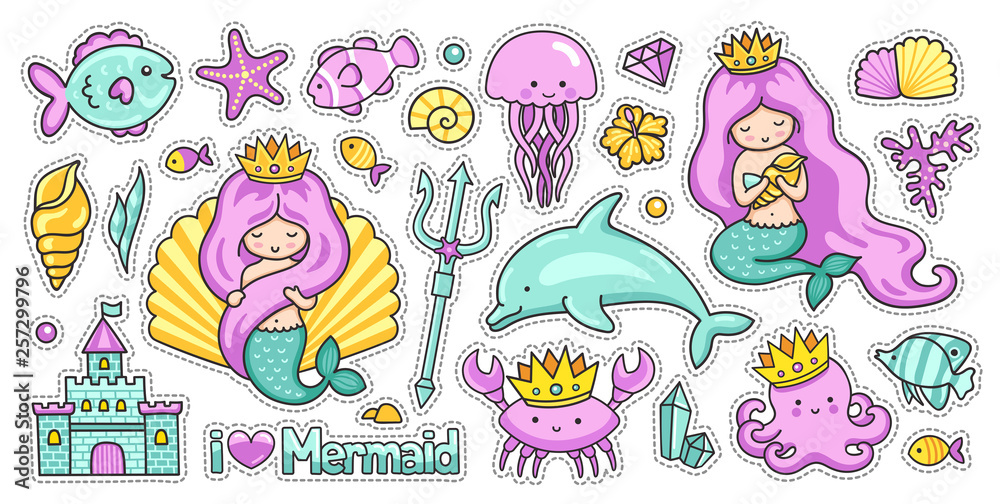Fototapeta premium Mermaids, fish, dolphin, crab, octopus and jellyfish. Castle, trident and crown. Set of kawaii sea cartoon stickers. Vector collection
