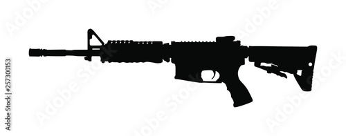 Rifle vector silhouette isolated on white background. Tactical assault rifle symbol. Semi automatic carbine. Army and police weapons. Shotgun gun. Powerful deadly weapon for special unit fire arm.