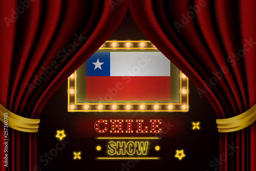 Show time board for performance, cinema, entertainment, roulette, poker of Chile country event. Shining light bulbs vintage of Chile country name photo