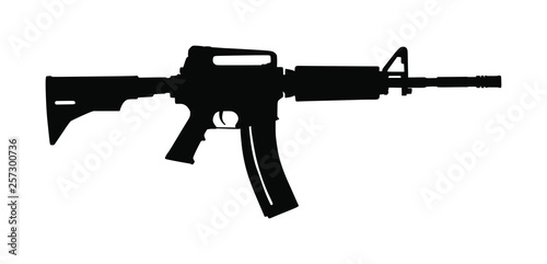 Rifle vector silhouette isolated on white background. Tactical assault rifle symbol. Semi automatic army and police weapons. Powerful deadly weapon for special unit fire arm.