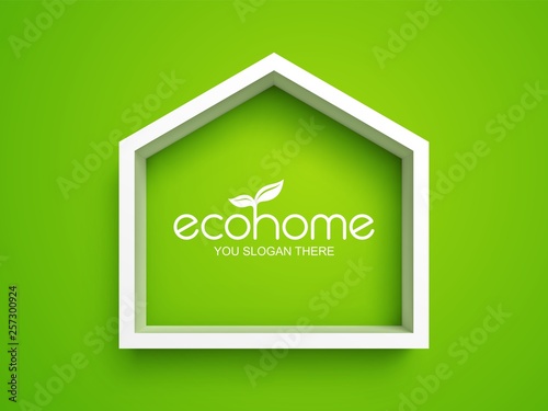 White frame in shape of house on green background. Eco home real estate design template