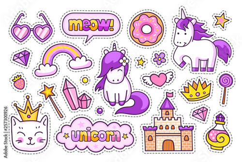 Castle, magic unicorns, kitten, crown, hearts glasses, diamond and potion. Set of stickers, pins and prints for kids. Doodle cartoon style. Vector illustration